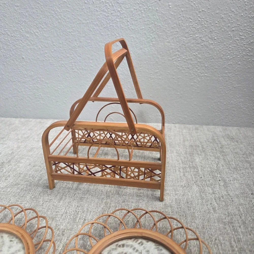 Vintage Bamboo Wicker Drink Coasters Set Pressed Butterfly Glass Caddy Boho 7pc